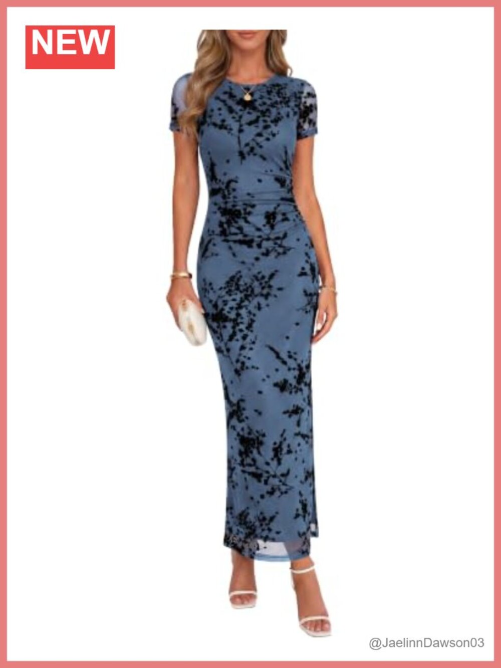 Floral Bodycon Maxi Dress Mesh Short Sleeve Side Slit Formal Cocktail